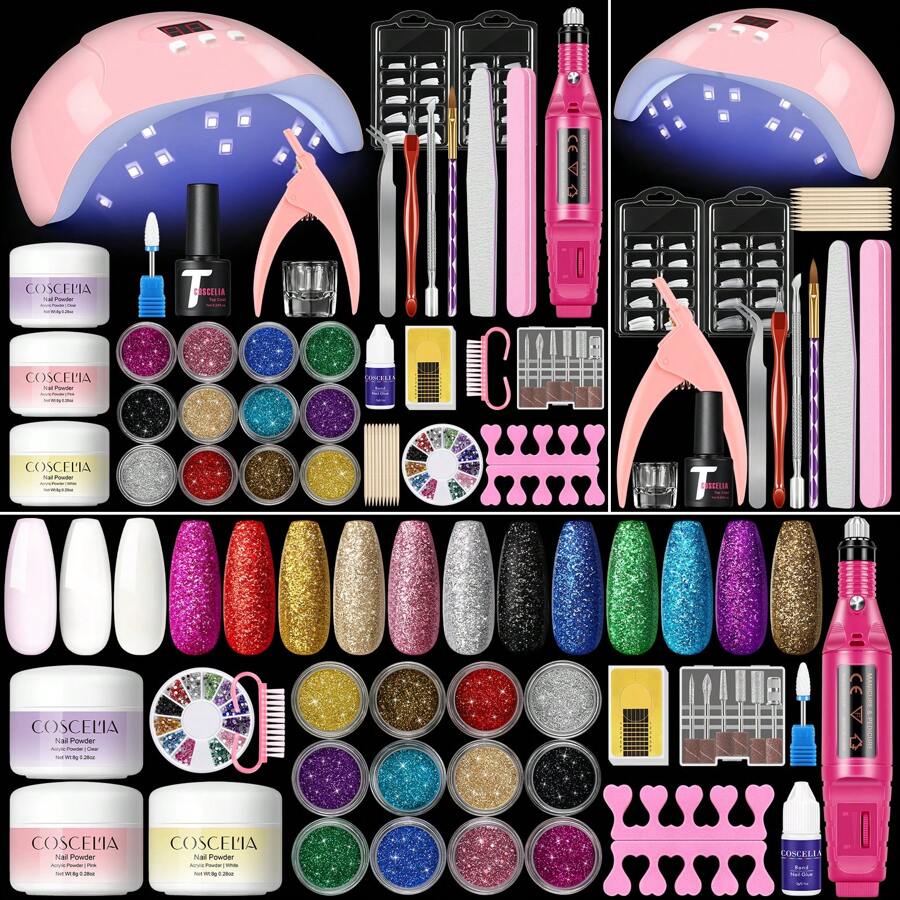 coscelia 24 件丙烯酸粉套装透明粉色白色 3 色丙烯酸粉带面漆指甲刷指甲钻机指甲灯用于指甲延长美甲工具套装节日理想礼物