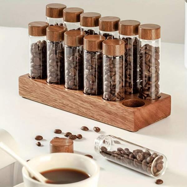 6/12pcs Walnut Wood Base Coffee Pod Holders With Lids - Reusable Glass Storage Containers For Fresh Beans, Includes Display Stand - Perfect For Kitchen & Dining Decor