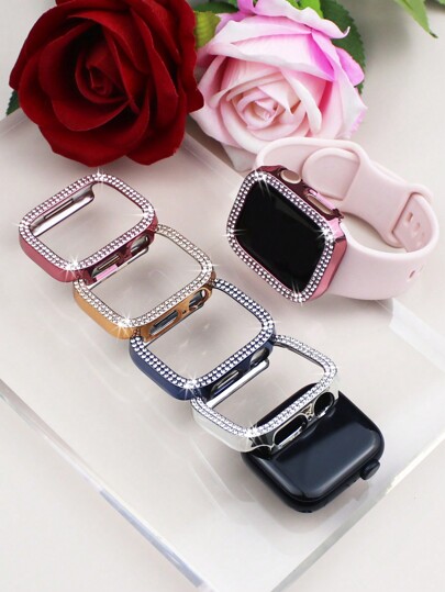 4pcs Shiny 2-Row Rhinestone Hollow Watch Case Compatible With Apple Watch 38/40/41/42/44/45/46/49mm, Fashion Women Protection Cover Shock-Proof Hard PC Watch Case Fit Apple Watch Series Ultra/10/9/8/7/6/SE/5/4/3