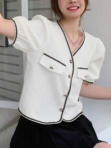 拼接邊泡泡袖前紐扣襯衫 - 白色 - 查看 2