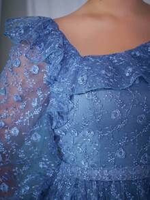 Váy dạ hội trang trọng hở vai cao thấp, ren thêu hoa, váy phù dâu tay dài thanh lịch - Màu xanh lam - Xem 6