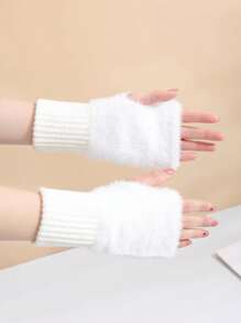 Winter Student Fingerless Gloves Fur Knit Writing Office Cycling Long Wrist Warm Gloves
