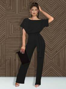 Palazzo, Long Casual Jumpsuit With Short Sleeve Model Senegal Brand Maria Bela - 黑色 - 查看 1