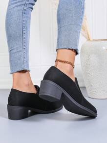 女士粗跟弹力乐福鞋高跟鞋舒适 5.5 厘米黑色面料圆头低帮鞋适合工作、四季 - 黑色 - 查看 5