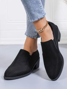 女士粗跟弹力乐福鞋高跟鞋舒适 5.5 厘米黑色面料圆头低帮鞋适合工作、四季 - 黑色 - 查看 6