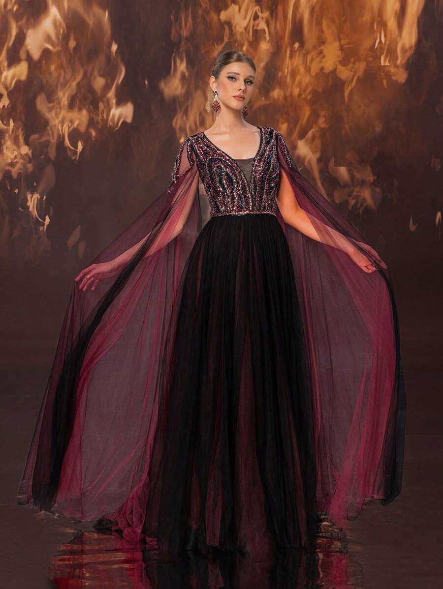 Giffniseti ExtraLong Cloak Sleeve Sequins Detail Mesh Formal Dress