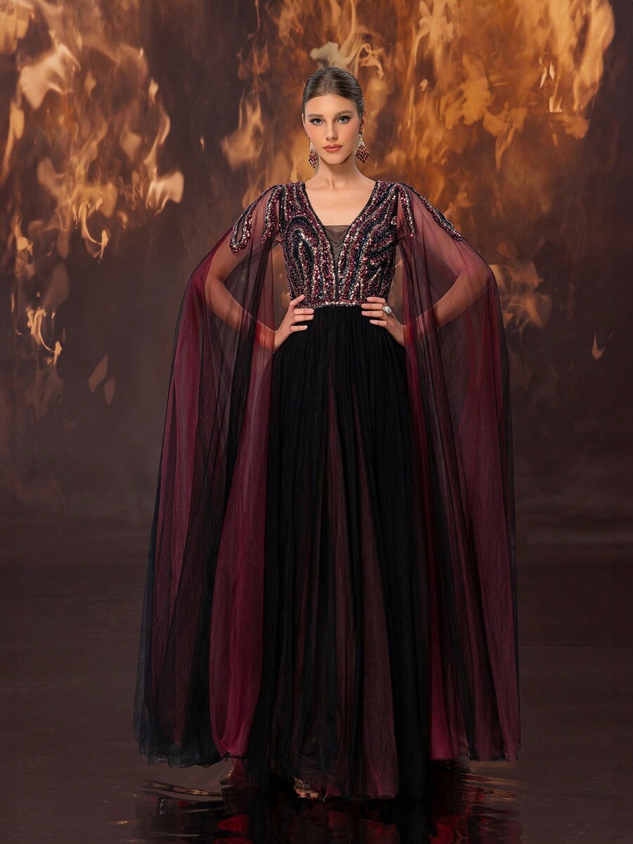 Giffniseti ExtraLong Cloak Sleeve Sequins Detail Mesh Formal Dress