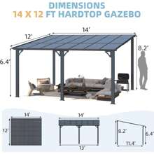 YODOLLA 14' X 12' Gazebo Outdoor Pergola For Patio, Large Wall-Mounted Hard Top 12x14 Lean To Metal Gazebo Shelter Pergolas And Gazebos With Patio Roof, Heavy Duty Awnings For Patio, Decks - 黑色 - 查看 3