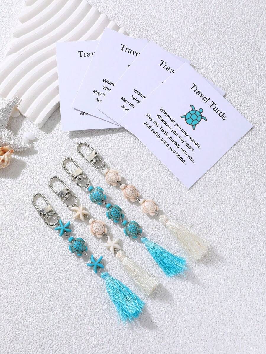 1pc Minimalist Colorful Sea Turtle, Starfish Shaped Tassel Keychain, Comes With Card, Suitable As For Best Friends, Couples, Bag Pendant Car Accessories Bag Charm School Cute Goth Y2k Christmas Gift Ideas Bag Lanyards With Id Holder Car Accessories Bag Charms - Multicolor - View 1