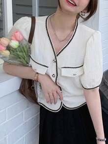 拼接邊泡泡袖前紐扣襯衫 - 白色 - 查看 4