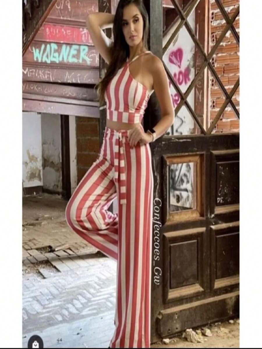 Conjunto Feminino Cropped + Calça Pantalona Cores Moda Gringa Envio Imediato - Laranja - Visão 1