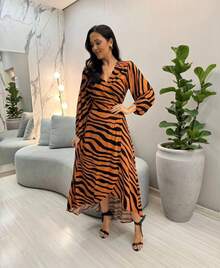 Women's Wrap Dress Long Sleeve Casual - Rỉ Nâu - Xem 1