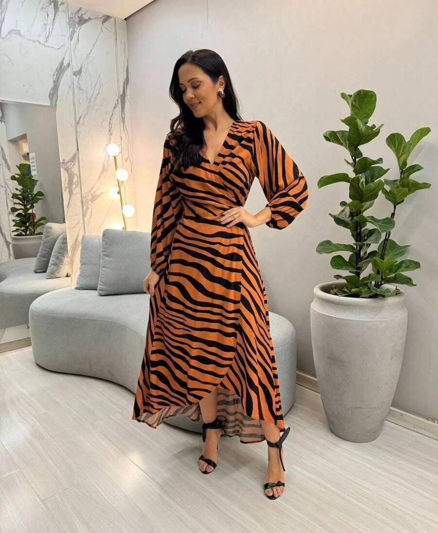 Women's Wrap Dress Long Sleeve Casual - Rỉ Nâu - Xem 1