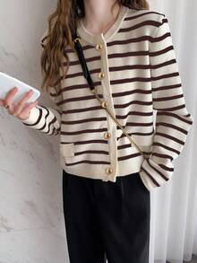 Alicedudu Women's Casual Classic Striped Cardigan, Fall/Winter - Coffee Brown - View 3