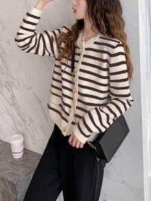 Alicedudu Women's Casual Classic Striped Cardigan, Fall/Winter - Coffee Brown - View 4