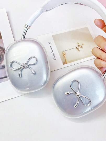 غلاف سماعة الرأس الأنيق والصغير والشخصي والبسيط مطلي بالفضي والمزود بفيونكة كبيرة متوافق مع Max