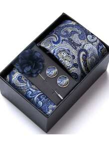 AlanKing 1 set de corbata, pañuelo de bolsillo, gemelos y broche con diseño de flor dorado para hombre, para fiestas/festivales