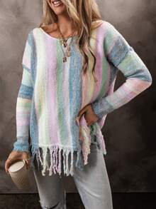 Acelitt Fashionable Plaid Color Block Long Sleeve Loose Oversized Pullover Sweater,Long Sleeve Tops - Multicolor - View 4