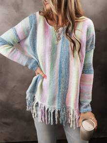 Acelitt Fashionable Plaid Color Block Long Sleeve Loose Oversized Pullover Sweater,Long Sleeve Tops - Multicolor - View 3