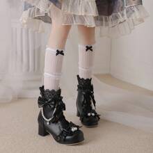 Kawaii Shoes For Women,Goth Lolita Platform Boots,Bow Ankle Boots Cute Sweet Cosplay Shoes - 黑色 - 查看 4