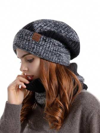 2pcs,Winter Two-Color Hat Women's Thick Warm Ear-Protection Woolen Hat With Velvet Neck Two-Piece Knitted Hat