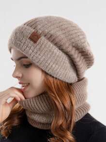 2pcs,Winter Two-Color Hat Women's Thick Warm Ear-Protection Woolen Hat With Velvet Neck Two-Piece Knitted Hat - Multicolor - View 6