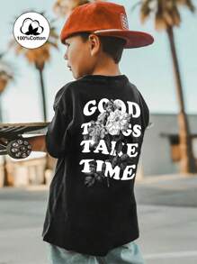 1st Jongens Casual Bedrukt Ronde Hals Korte Mouw T-shirt, Zomer Studentenkleding