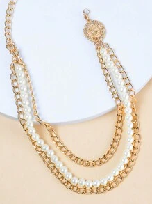 优雅的女士金色时尚身体链，采用多层链条、仿珍珠串珠和金属腰链设计，完美搭配连衣裙，适合万圣节、夏季、秋季、上学等各种场合。 - 金色 - 查看 6