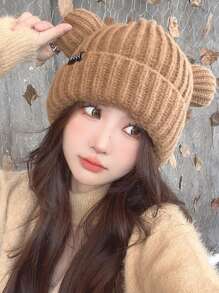 Cappello lavorato a maglia a forma di orsetto, stile 2024, spesso e caldo, antivento, cartone animato, carino, casual, in poliestere, con design a lettere e animali, adatto per l'autunno e l'inverno, Ognissanti - cappello - Visualizzare 2