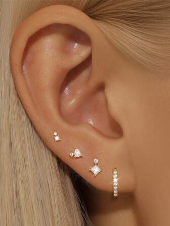 4st Asymmetrisk 925 Sterling Silver Enkelörörhänge För Kvinnor Sweet Style Piercing Stud Örhänge Lämplig för Bröllop Brudsmycken