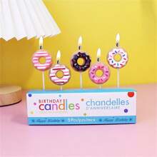 Eine Box mit 5 beliebten Donuts in verschiedenen Farben, niedliche Tortkerzen, Cartoon Geburtstagskerzchen, Geburtstagskuchen Backzubehör mit Stecker - Verschiedenfarbig - Übersicht 6