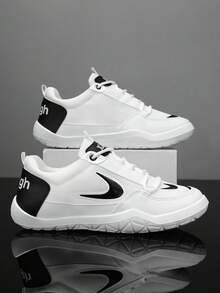 新款透气网眼男士鞋，韩版时尚百搭运动休闲鞋，软底防滑跑步运动鞋，秋季 - 黑與白 - 查看 1