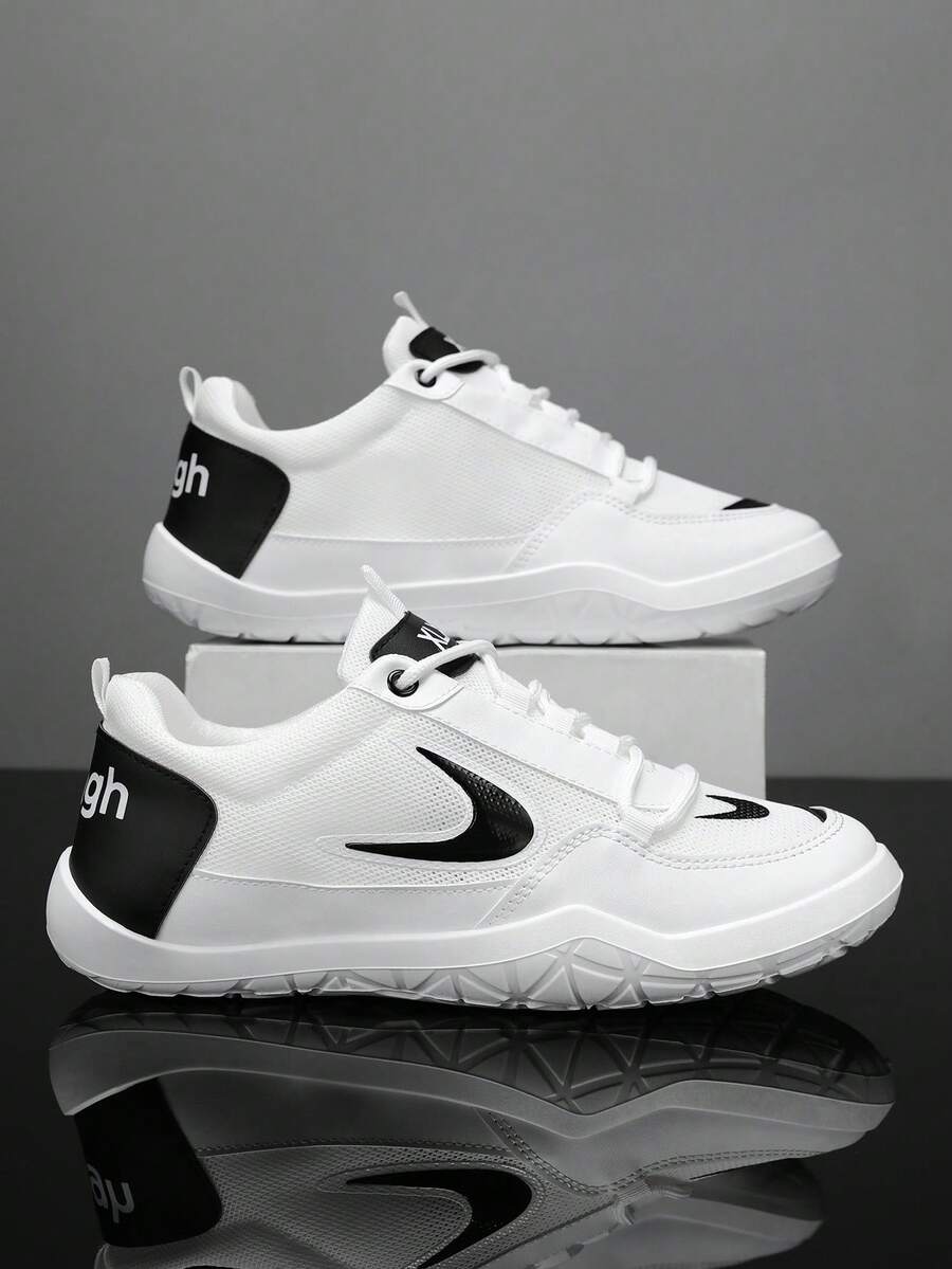 新款透气网眼男士鞋，韩版时尚百搭运动休闲鞋，软底防滑跑步运动鞋，秋季 - 黑與白 - 查看 1