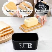 1 Bộ, Đĩa đựng bơ có nắp tre và dao, Đĩa đựng bơ bằng gốm lớn có lớp phủ silicon chất lượng, Lý tưởng để nướng và làm quà tặng trong bếp, Hộp đựng bơ kín khí có nắp đậy để trên mặt bàn hoặc tủ lạnh, Bình đựng bơ có nắp Đồ dùng nhà bếp gia đình - màu đen - Xem 10