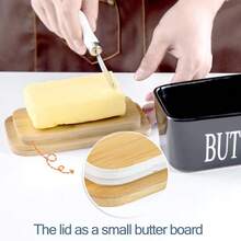 1 Bộ, Đĩa đựng bơ có nắp tre và dao, Đĩa đựng bơ bằng gốm lớn có lớp phủ silicon chất lượng, Lý tưởng để nướng và làm quà tặng trong bếp, Hộp đựng bơ kín khí có nắp đậy để trên mặt bàn hoặc tủ lạnh, Bình đựng bơ có nắp Đồ dùng nhà bếp gia đình - màu đen - Xem 12