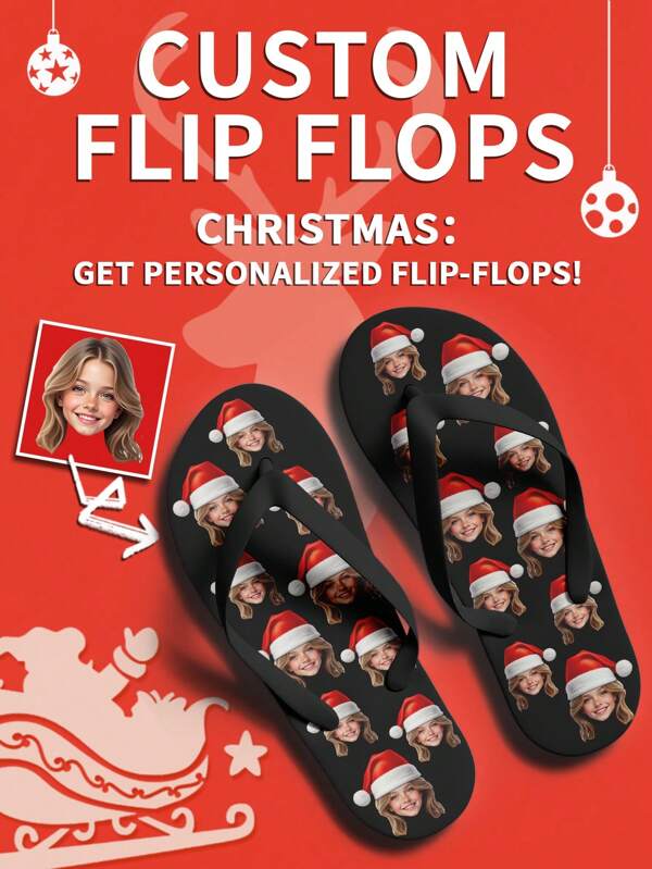 1 par de chanclas personalizadas de Navidad, chanclas de Papá Noel personalizadas, chanclas con suela gruesa personalizadas, chanclas personalizadas de Feliz Navidad, chanclas con foto de gorro de Navidad, chanclas personalizadas para mujeres, chanclas personalizadas, regalo de Navidad, regalo de Navidad