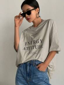 Women's Short Sleeve, Loose Fit T-Shirt With ENERGY ATTITUDE Letter Print And Round Neck For Summer, With The Words "Keep Smiling See The Good Time For Happiness" - 杏色 - 查看 4