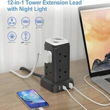 UK Multi-Functional Tower Electrical Sockets With Night Light, With 8 AC Sockets And 4 USB Ports, Supports 12 Devices Connected Simultaneously, Suitable For Home And Office. - UK Plug(220-240V) - View 2