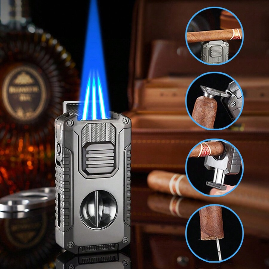 5In1 Torch Lighter For Cigar, Powerful Refillable Butane Triple Jet