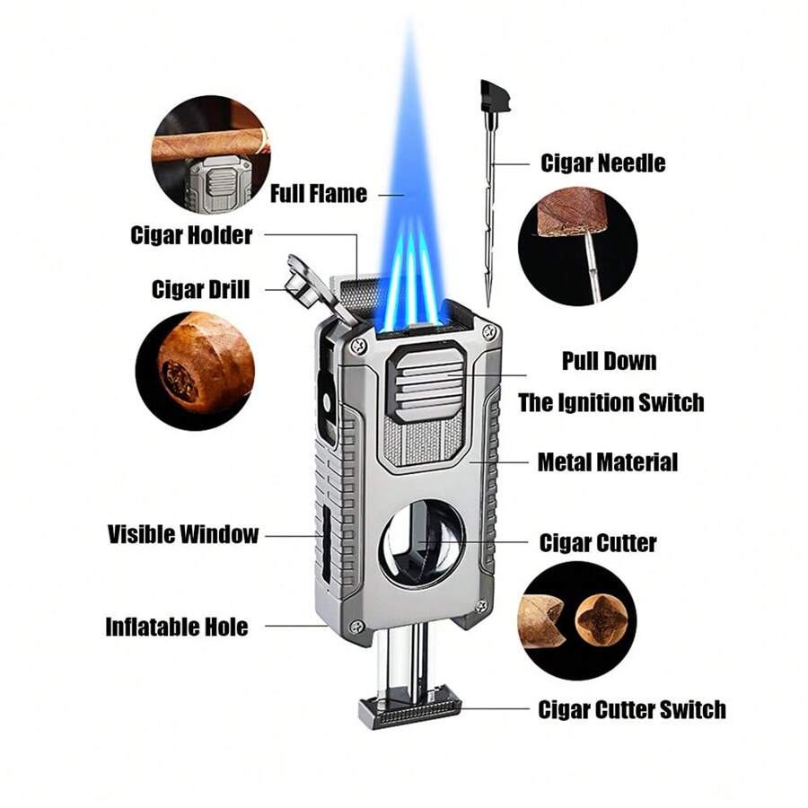 5In1 Torch Lighter For Cigar, Powerful Refillable Butane Triple Jet