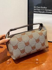 新款卡其色字母印花大容量软 PU 化妆包，拉链开合，多功能 3D 便携式高端手提包收纳袋，适用于化妆品、洗漱用品、水瓶、手机、日常必需品 - 棕色 - 查看 4