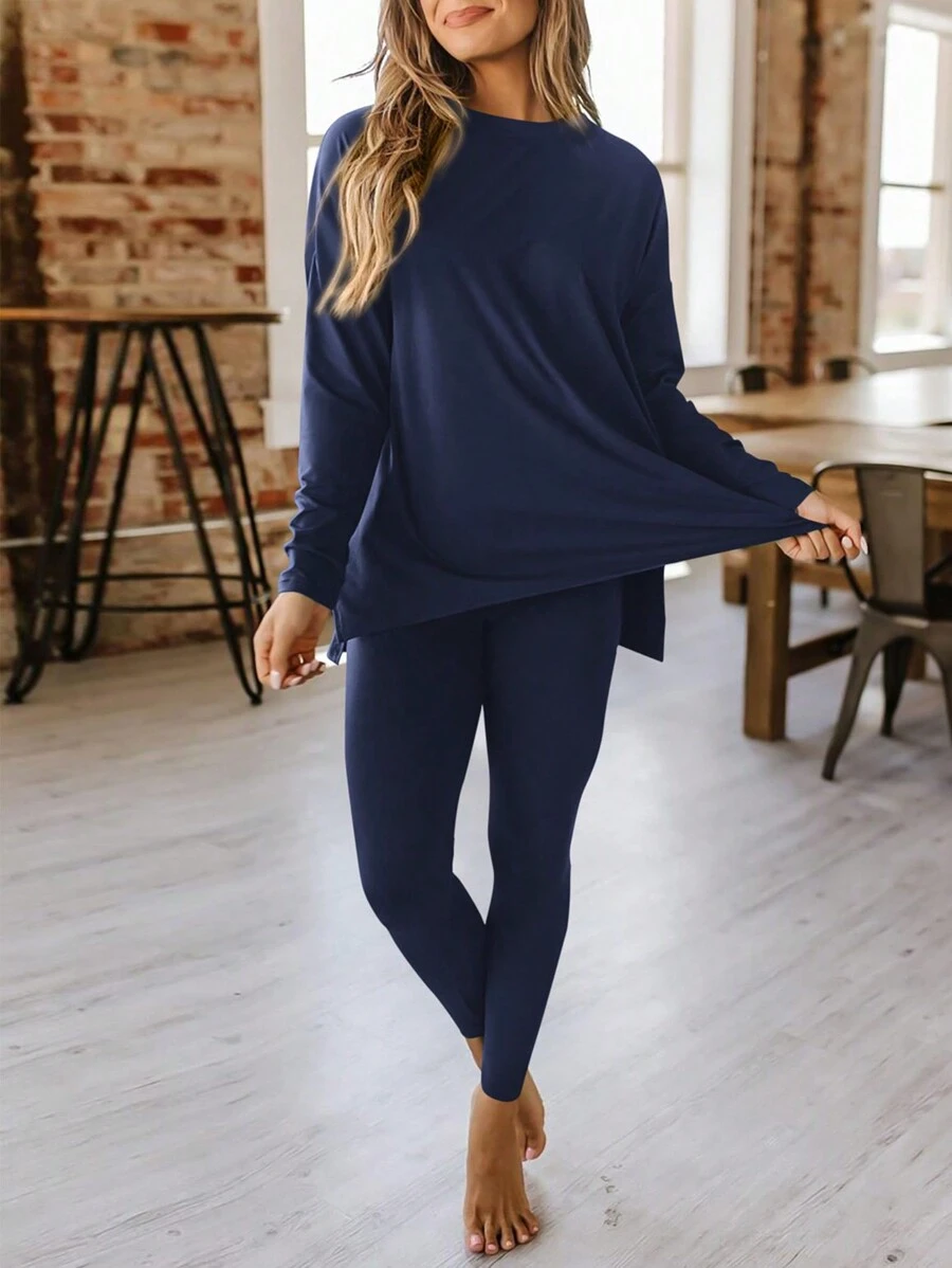 Valentine's Day  Women's Fall Two-Piece Casual Long-Sleeved Tunic Top And Leggings With Lounge Tracksuit - 藏蓝色 - 查看 1