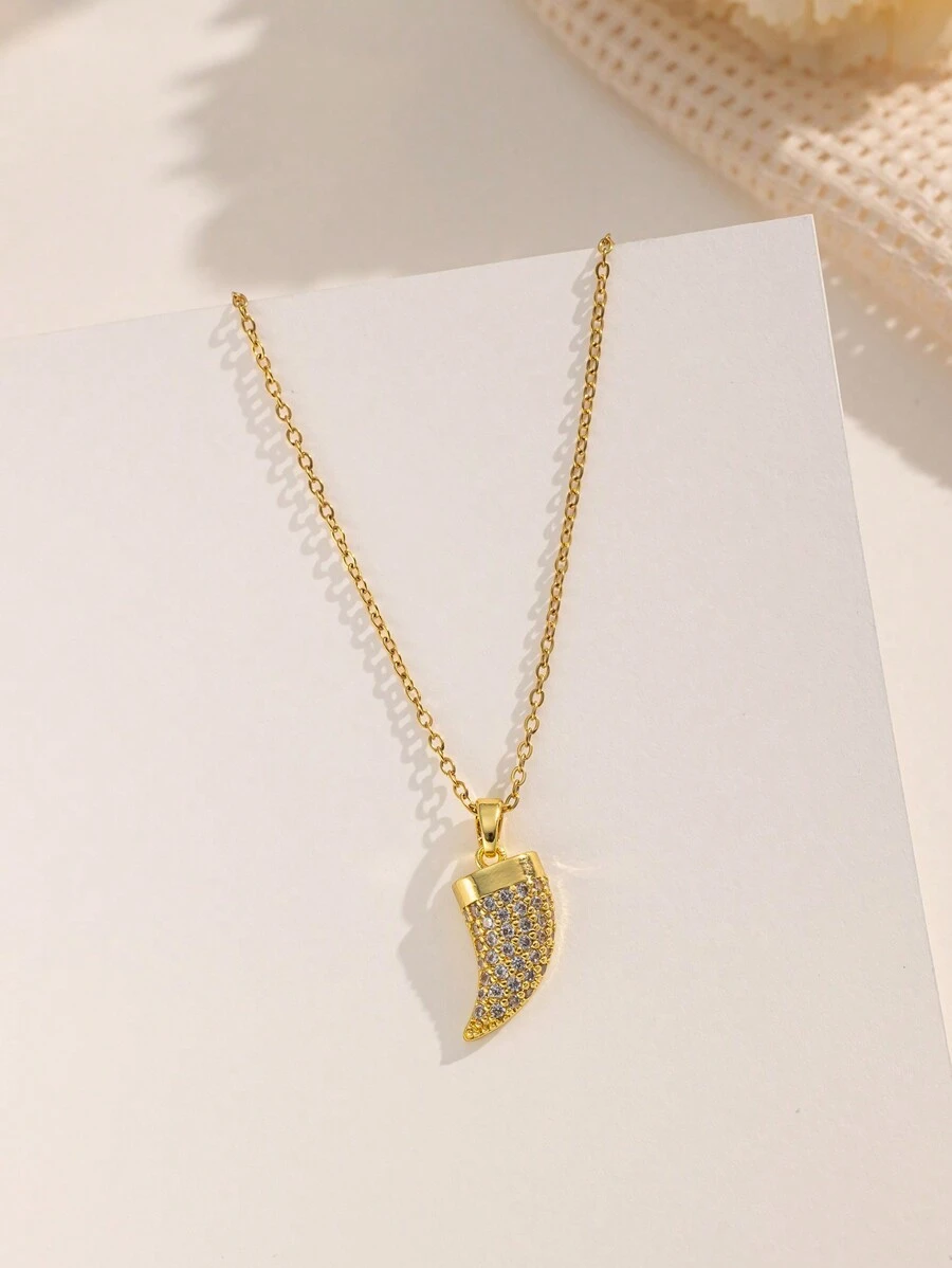 1件金色不锈钢镀层立方氧化锆牛角吊坠项链，优雅波西米亚风简约韩式复古百搭礼物，男女情侣皆宜，适合日常、休闲、派对、节日佩戴 - 金色 - 查看 1