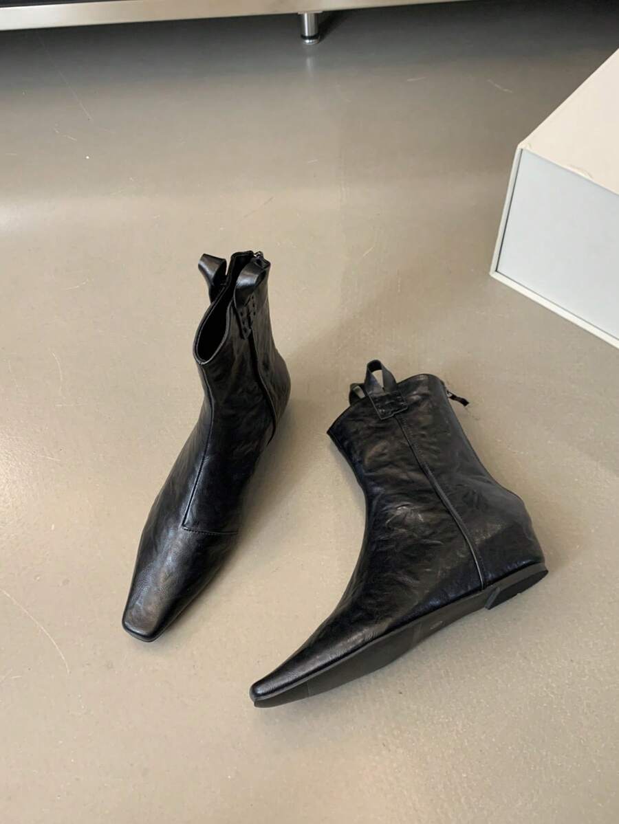 Women Pointy Toe Wrinkled Leather MidCalf Boots SHEIN USA