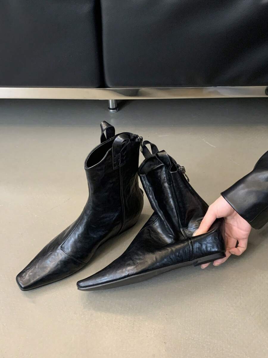 Women Pointy Toe Wrinkled Leather MidCalf Boots SHEIN USA