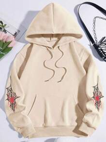 Unisex Spider Web Printed Hooded Sweatshirt Hoodie - Beige - View 2