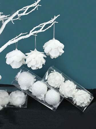 3 PIEZAS - Bolas decorativas de 8CM con pétalos de espuma blanca para decorar el árbol de Navidad, decoración navideña colgante para fiestas de Navidad y bodas