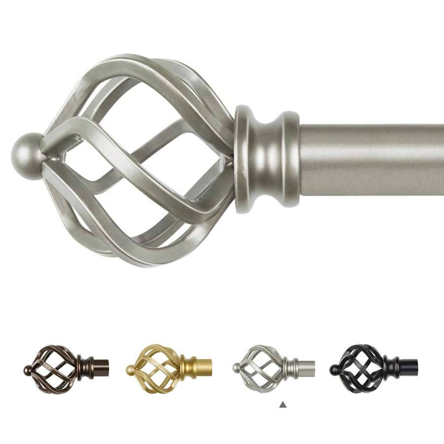 1pc Long Curtain Rods For Windows, Splicing Adjustable Curtain Rod, Single Drapery Rod With Twisted Cage Finial, Bronze/Silver/Black/Gold - Antique Silver - View 1