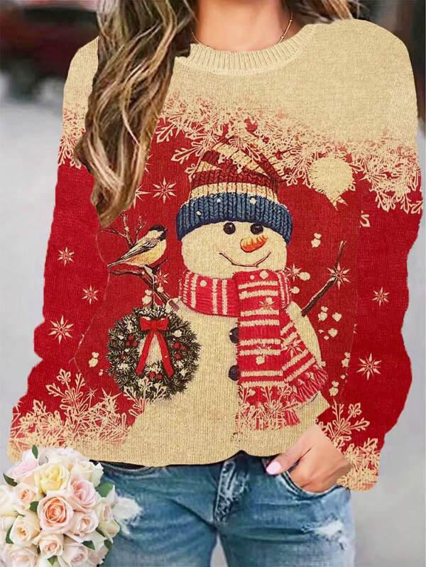 Suéter estampado de manga comprida com gola redonda novo e moderno para mulheres, outono inverno