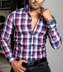 Camisa Hombre Casual Cuadros Marino, Rojos, Blancos - Azul Marino - Ver 1